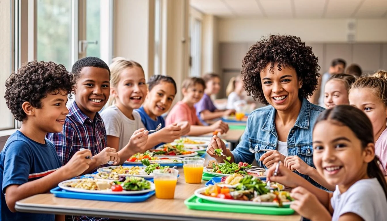 Children eating lunch in a bright school cafeteria with diverse students