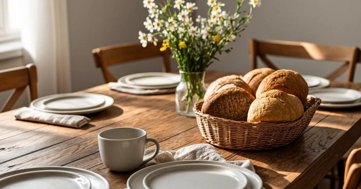A warm family kitchen table with multiple place settings, a basket of fresh bread, and a small vase of wildflowers