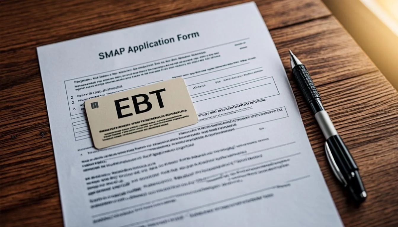 A SNAP application form with an EBT card on top, representing the mixed-status household application process.