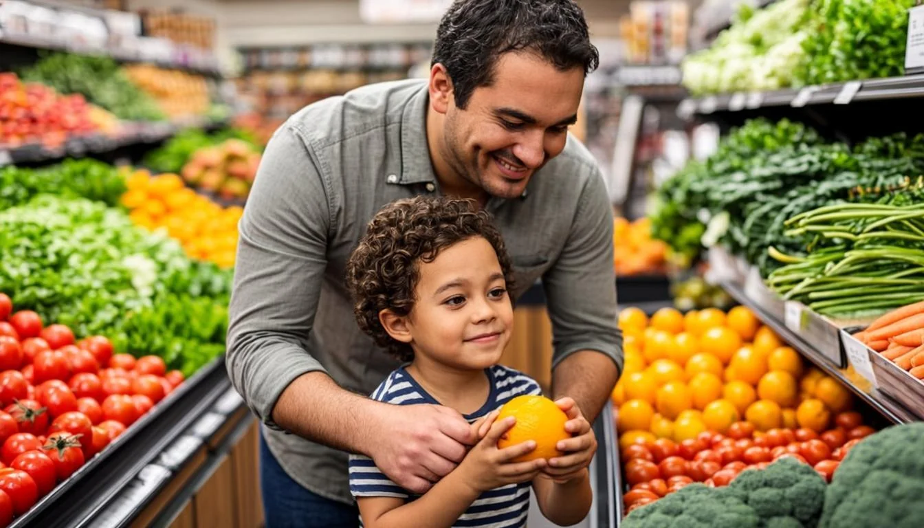 A parent and child shopping together in a grocery store produce aisle, representing SNAP benefits for citizen children.