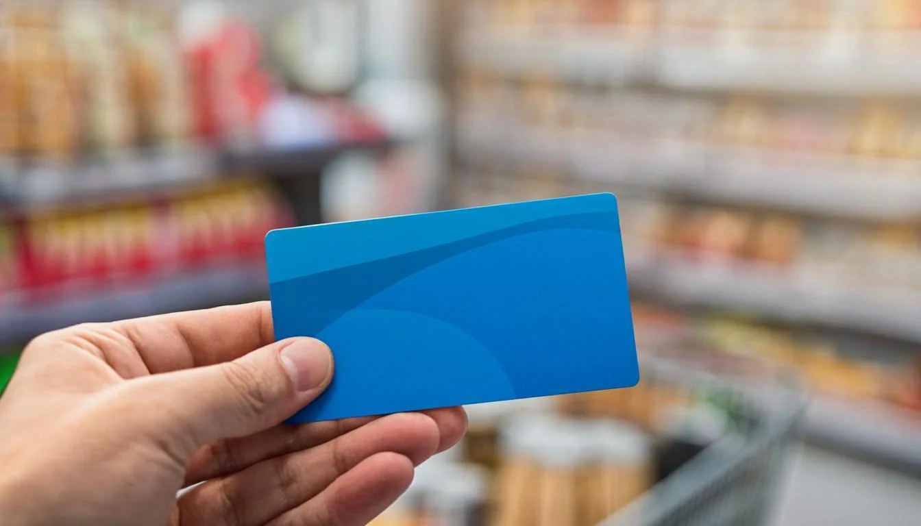 A hand holding an EBT card at a grocery store checkout