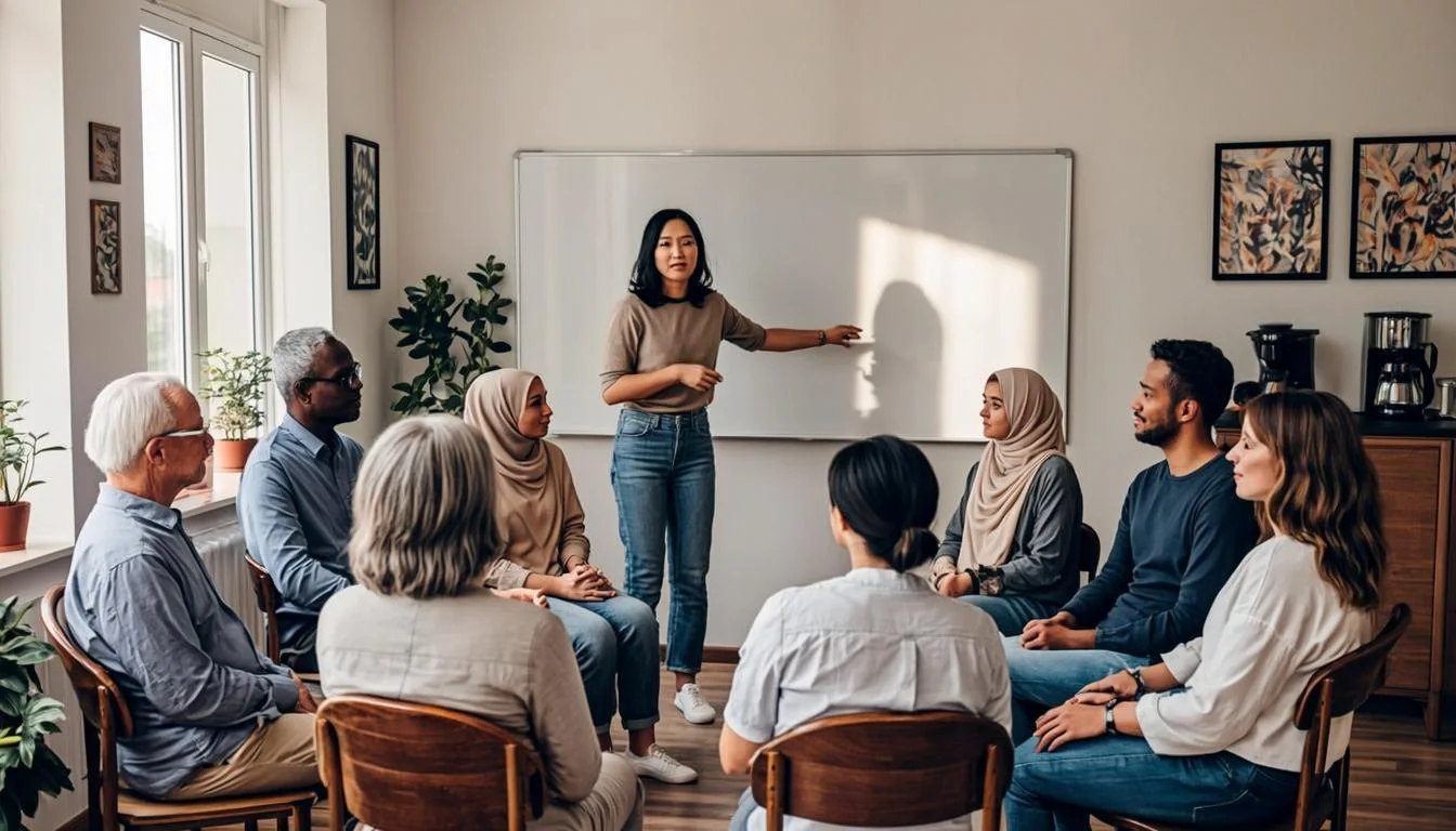 Refugees attending a community orientation session