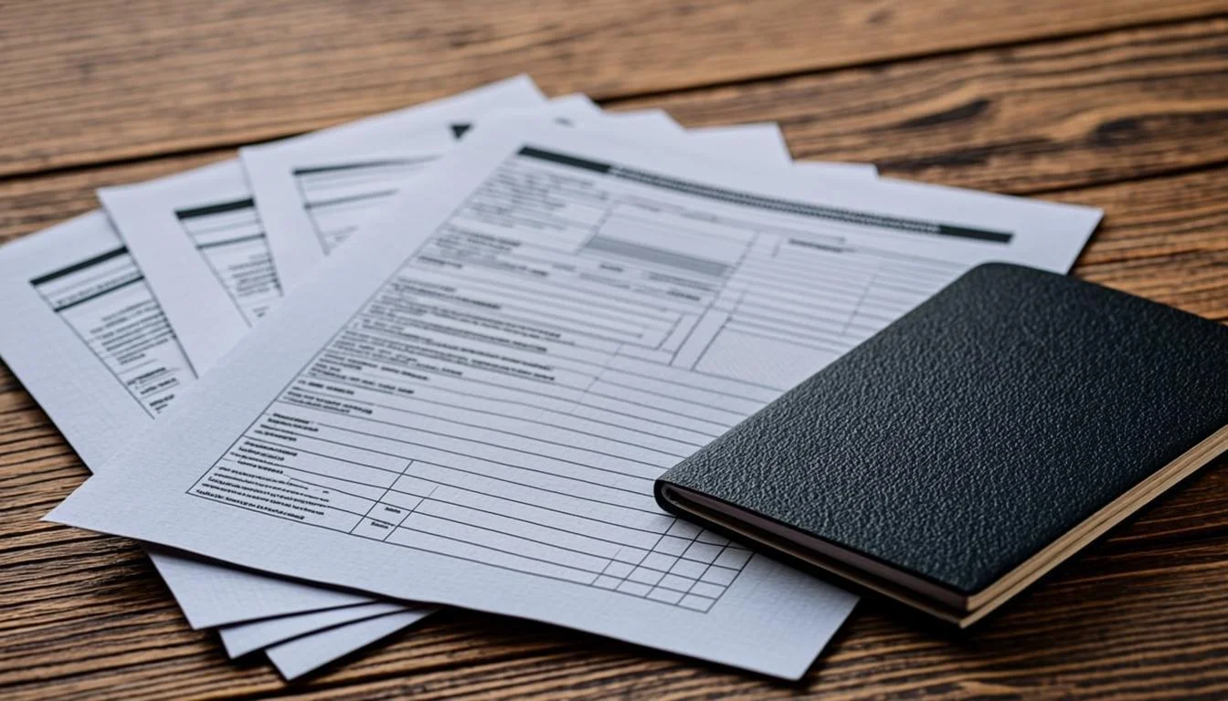 Official immigration documents and passport arranged on a wooden desk