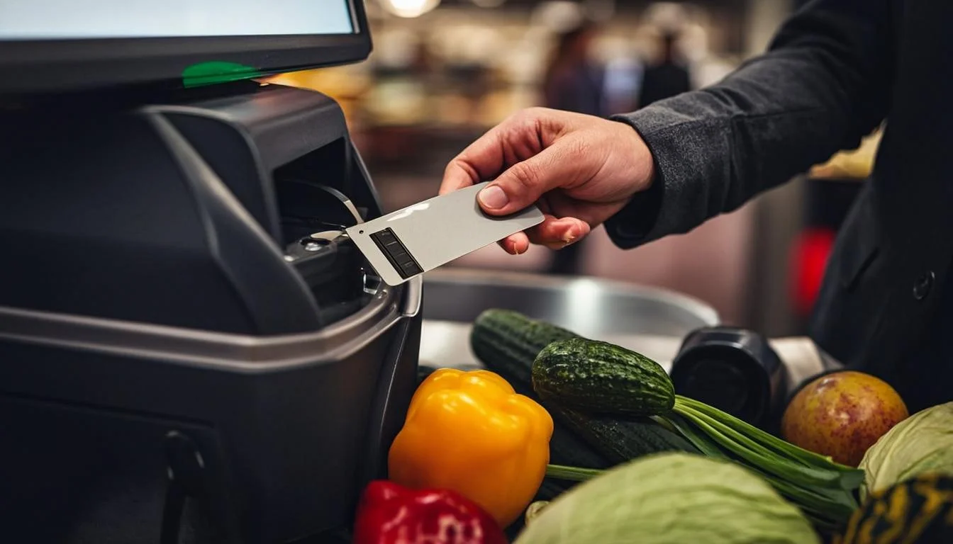 A hand swiping an EBT benefits card at a grocery store checkout