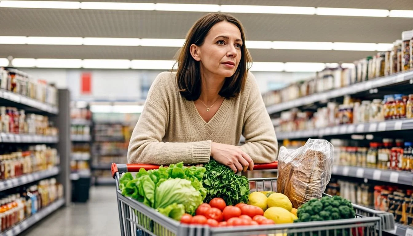 A person shopping for groceries in an American supermarket with a cart of fresh produce