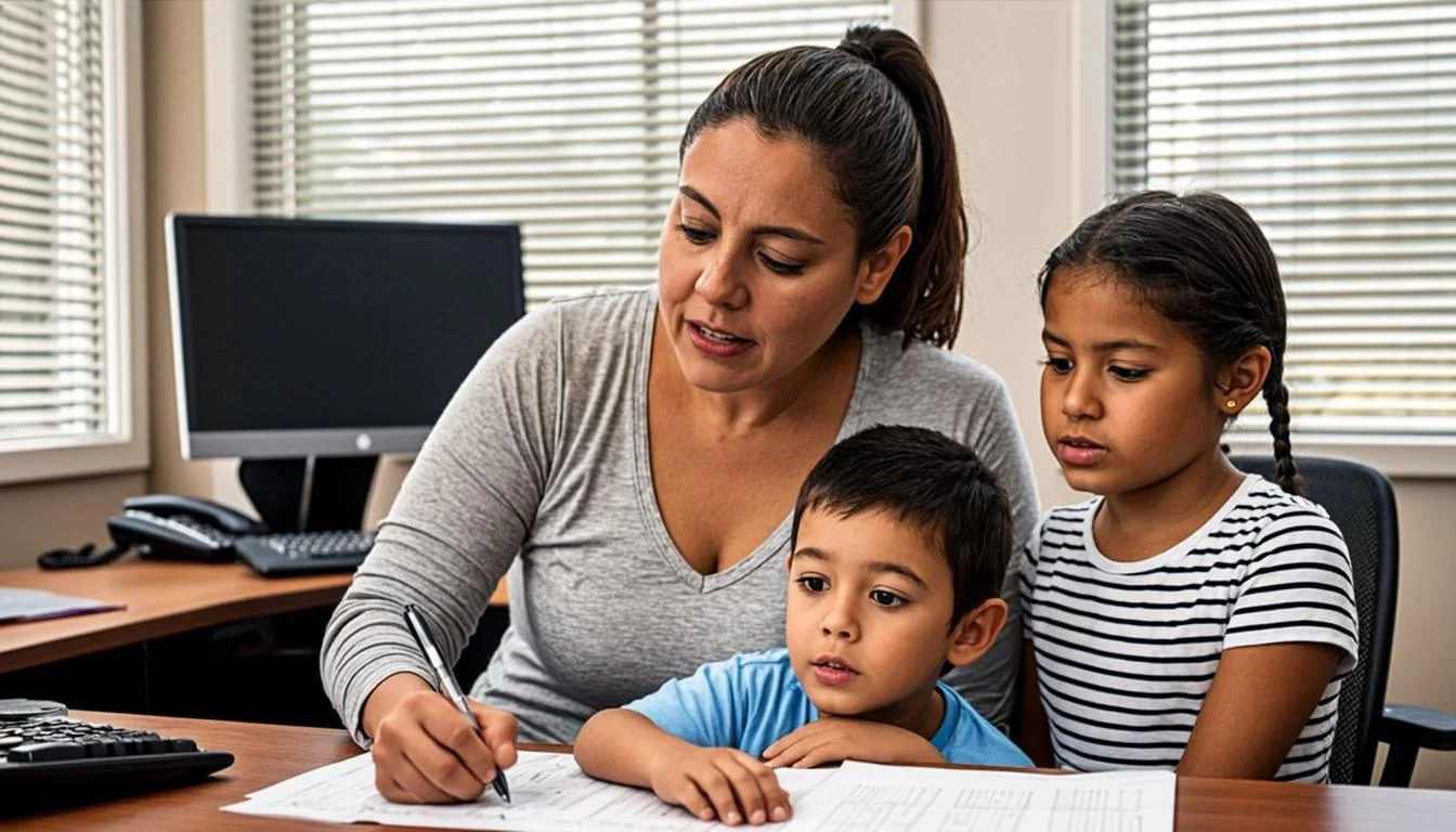 A young Hispanic mother filling out paperwork at a social services office with her two children
