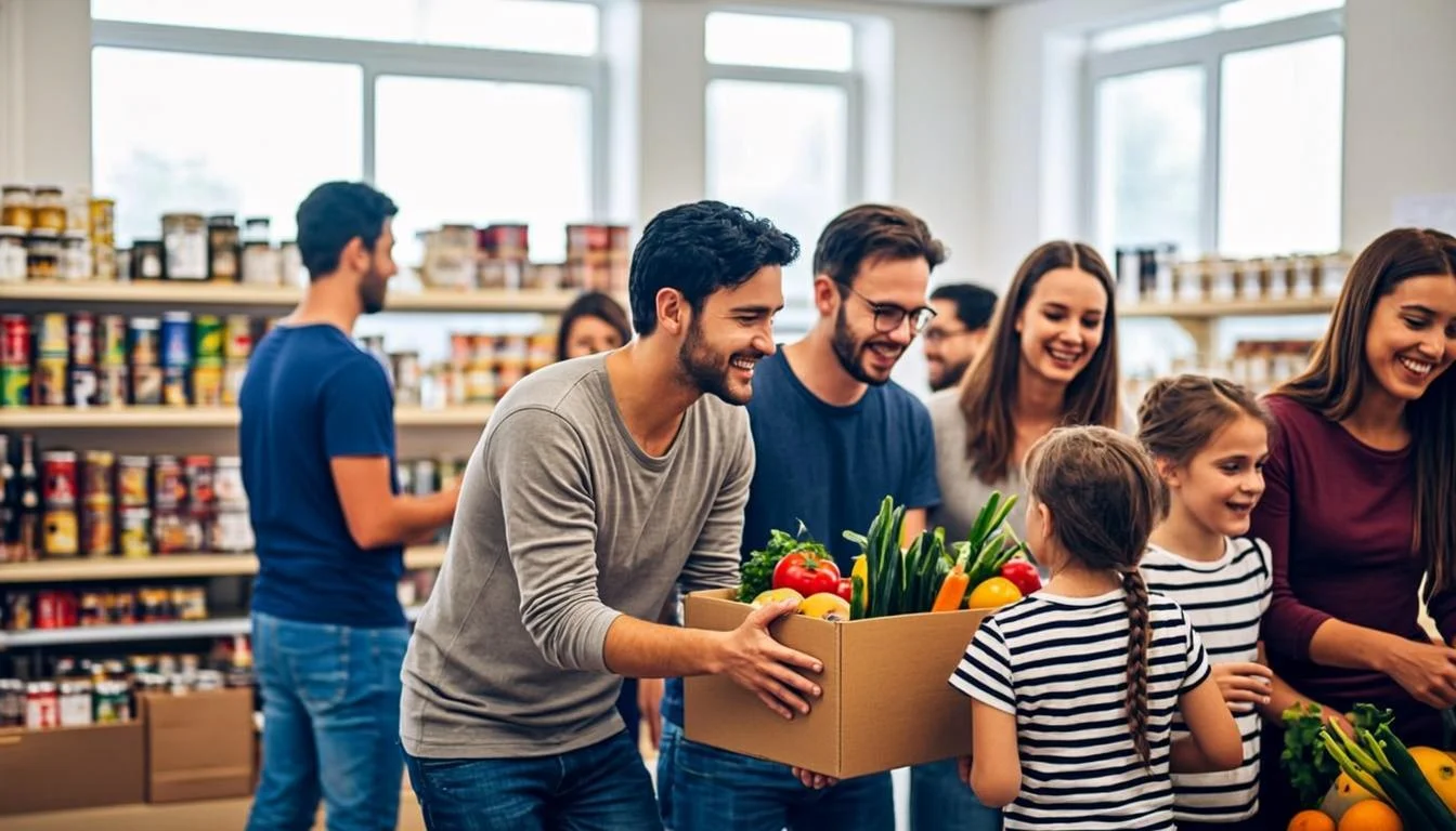 A community food bank with volunteers handing boxes of food to a family