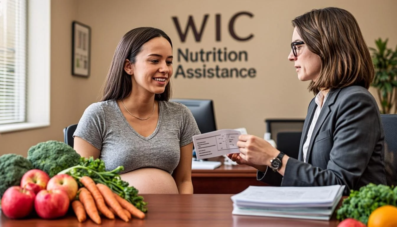 A WIC nutrition assistance counselor explaining food vouchers to a pregnant woman
