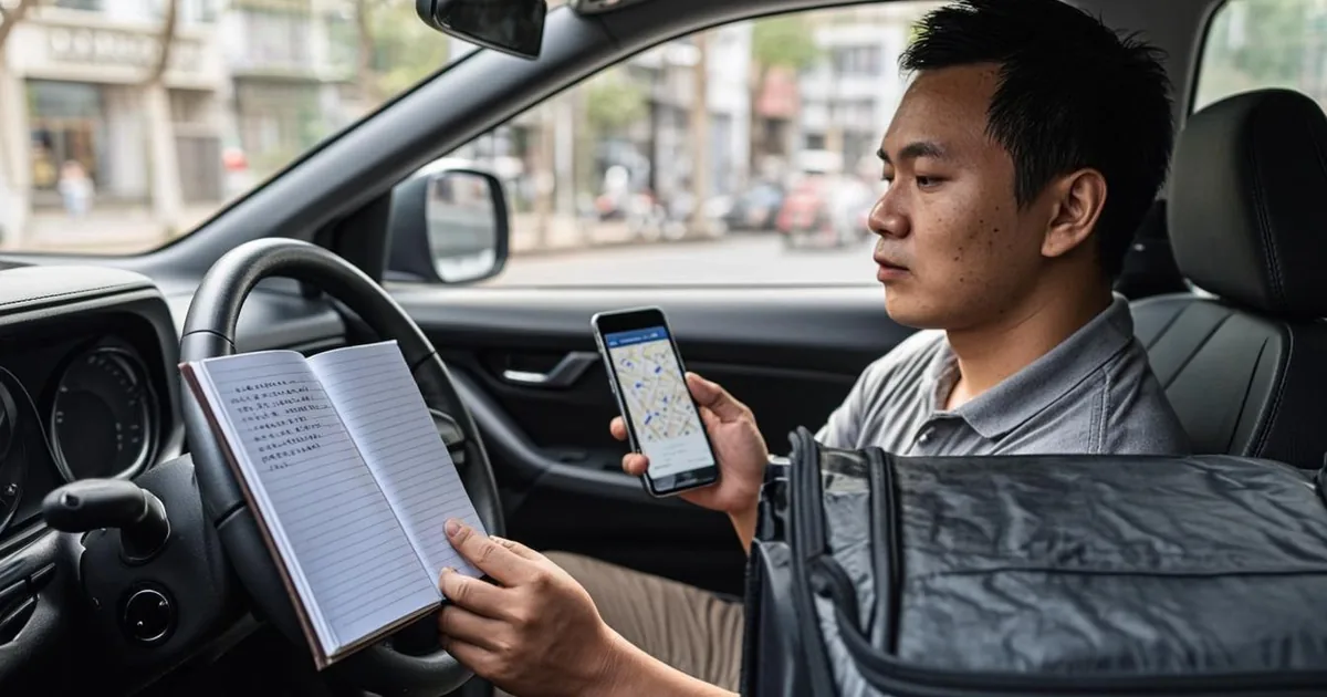 Delivery driver checking a mileage log notebook and a delivery app on a phone inside a parked car