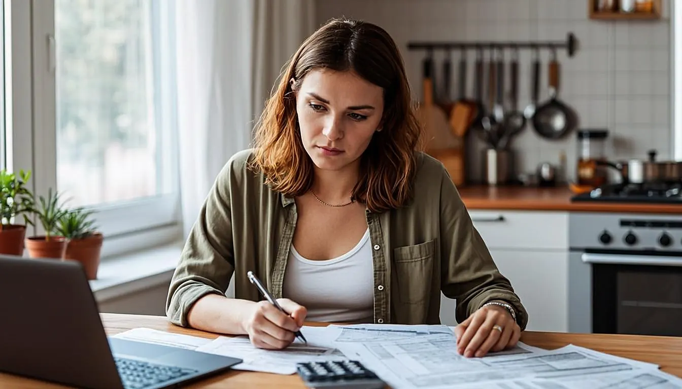 Person comparing pay stubs and utility bills at a kitchen table to add up household gross income