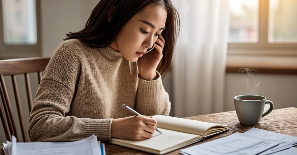 Person taking notes during a SNAP phone interview at a kitchen table