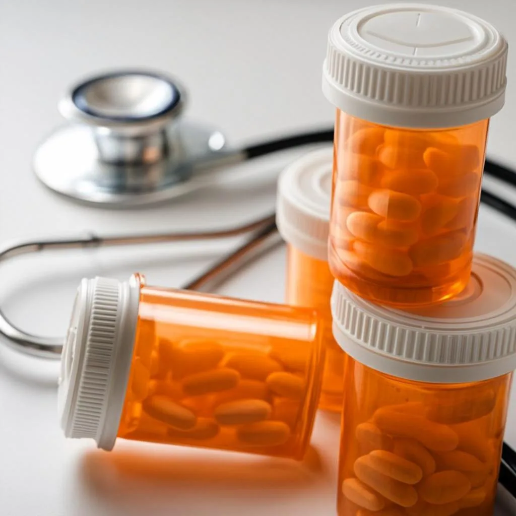 Stack of prescription medication bottles on a clean white surface with a stethoscope