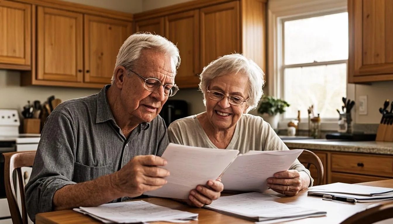 Elderly couple reviewing paperwork together at a kitchen table in warm afternoon light