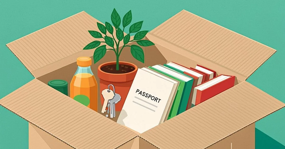Inline illustration showing an open moving box with grocery items, a small plant, keys, and a green booklet, representing the items a household brings when moving between states
