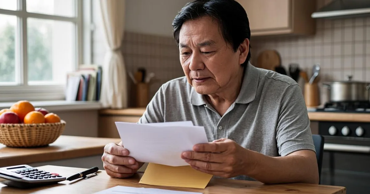 Person at a kitchen table reading a SNAP overpayment notice beside a calculator and open mail