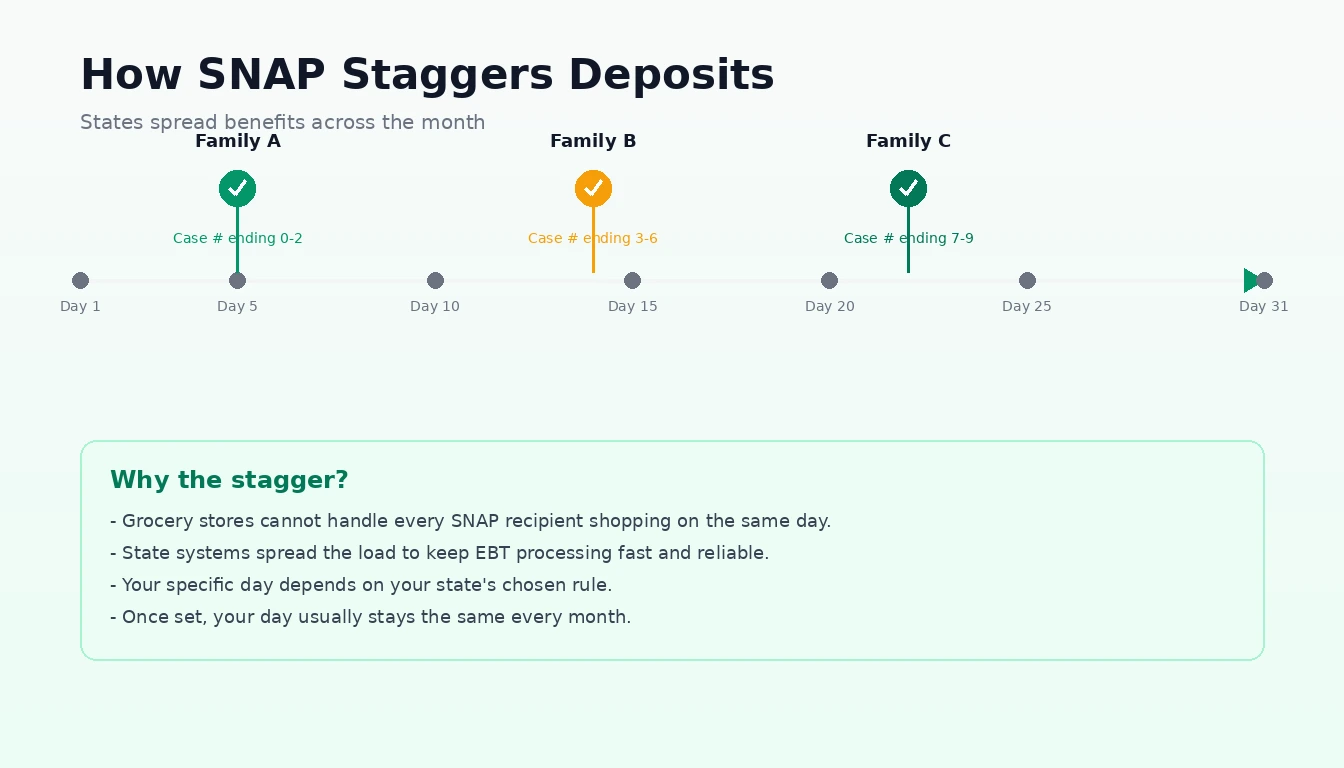 Horizontal timeline showing three example SNAP families getting deposits on different days of the month based on case number endings