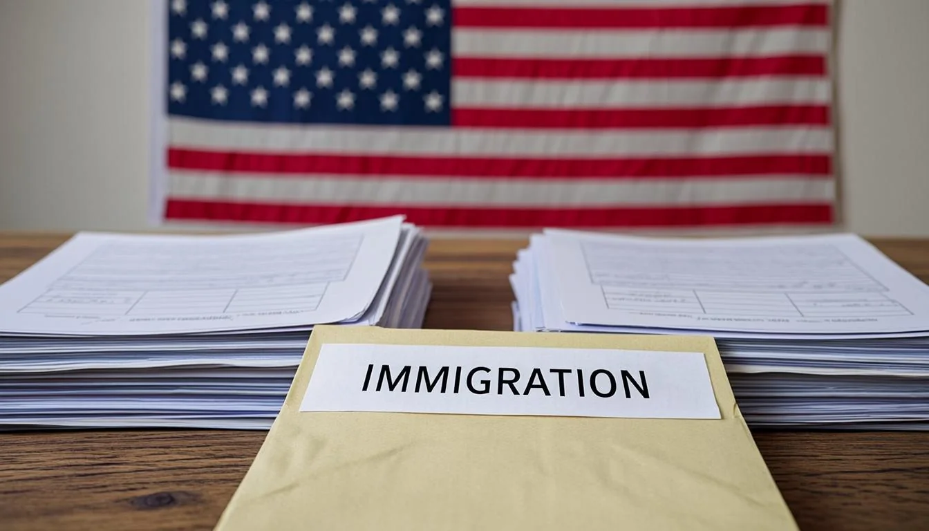 Immigration documents organized neatly on a desk