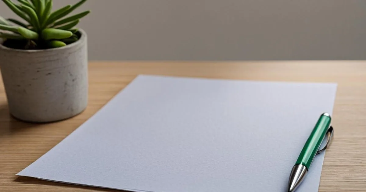 A blank application form, a green pen, and a small potted plant arranged on a clean empty desk symbolizing a fresh start