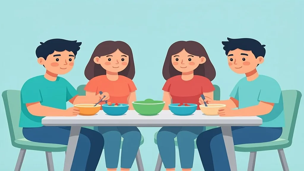 Four roommates at a table each with their own meal plate in different colors