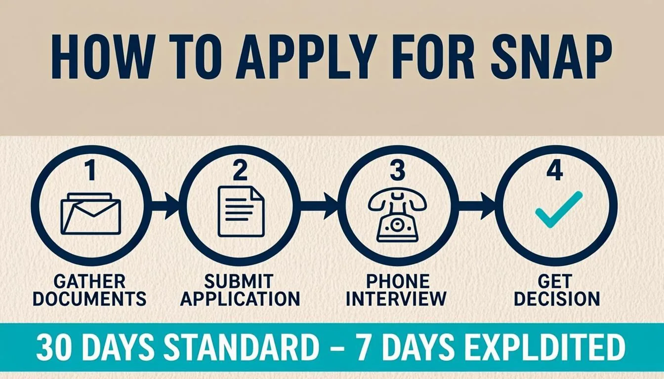Four step process showing how seniors living alone apply for SNAP: gather documents, submit application, complete phone interview, and receive a decision within 30 days or 7 days expedited