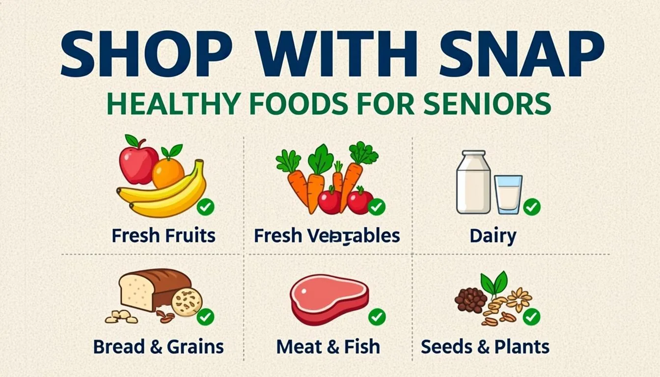 Illustration of eligible foods seniors can buy with SNAP benefits including fresh fruits, vegetables, dairy products, bread and grains, meat and fish, and seeds and plants