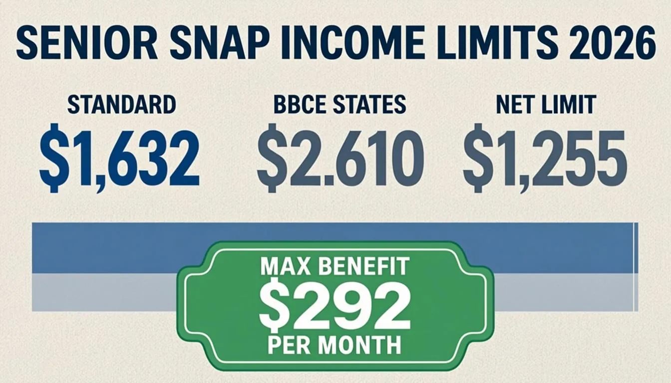 Chart showing 2026 SNAP income limits for a senior living alone: standard gross income limit 1632 dollars per month, BBCE states gross limit 2610 dollars per month, net income limit 1255 dollars per month, and maximum monthly benefit of 292 dollars