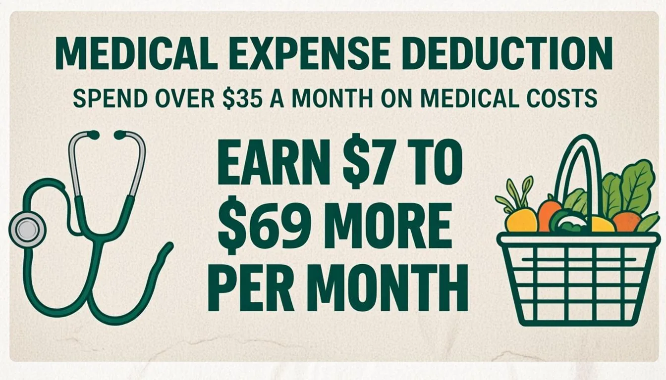 Infographic explaining the SNAP medical expense deduction for seniors: spending over 35 dollars a month on medical costs increases monthly SNAP benefits by 7 to 69 dollars