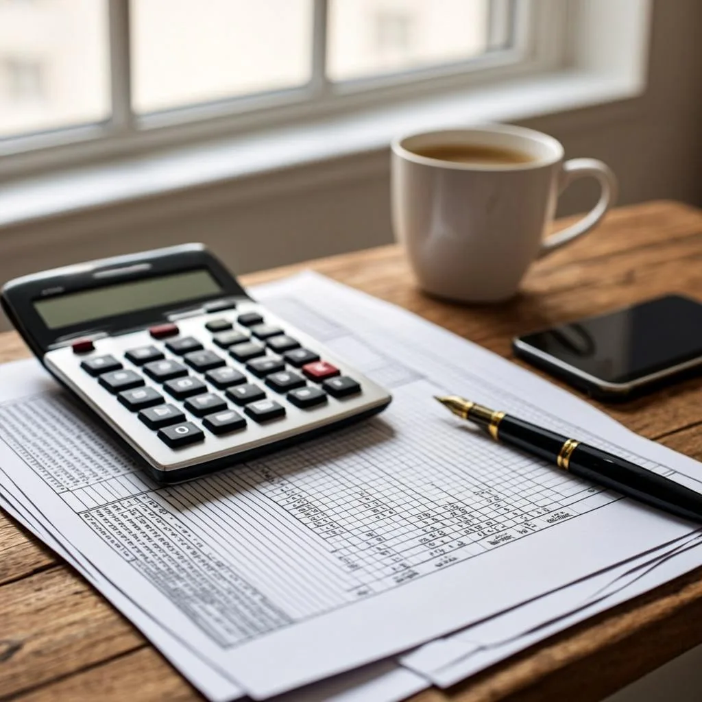Calculator and rent statement on a wooden desk with a pen and a coffee mug