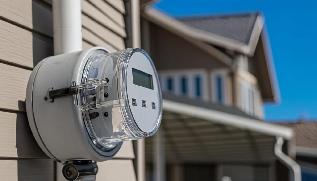 Modern utility meter on the side of a single family home in bright daylight