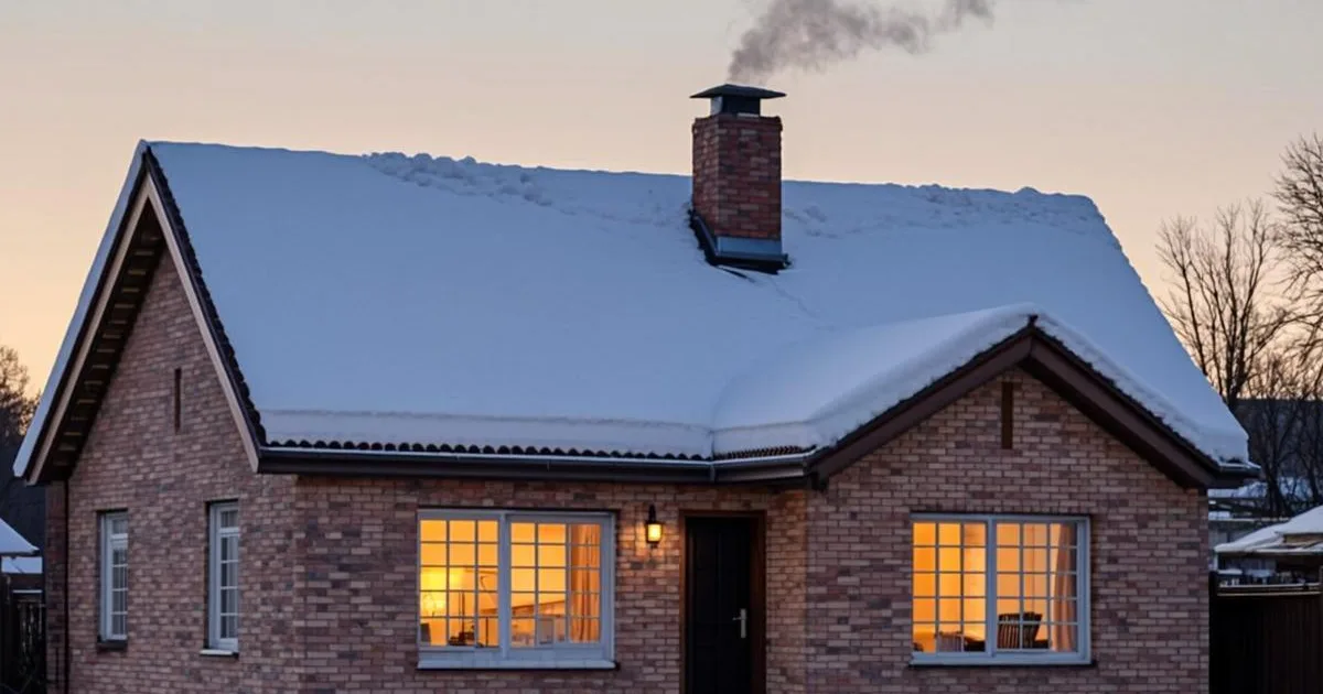 A small single-family home with smoke rising from the chimney on a cold morning, warm light in the windows