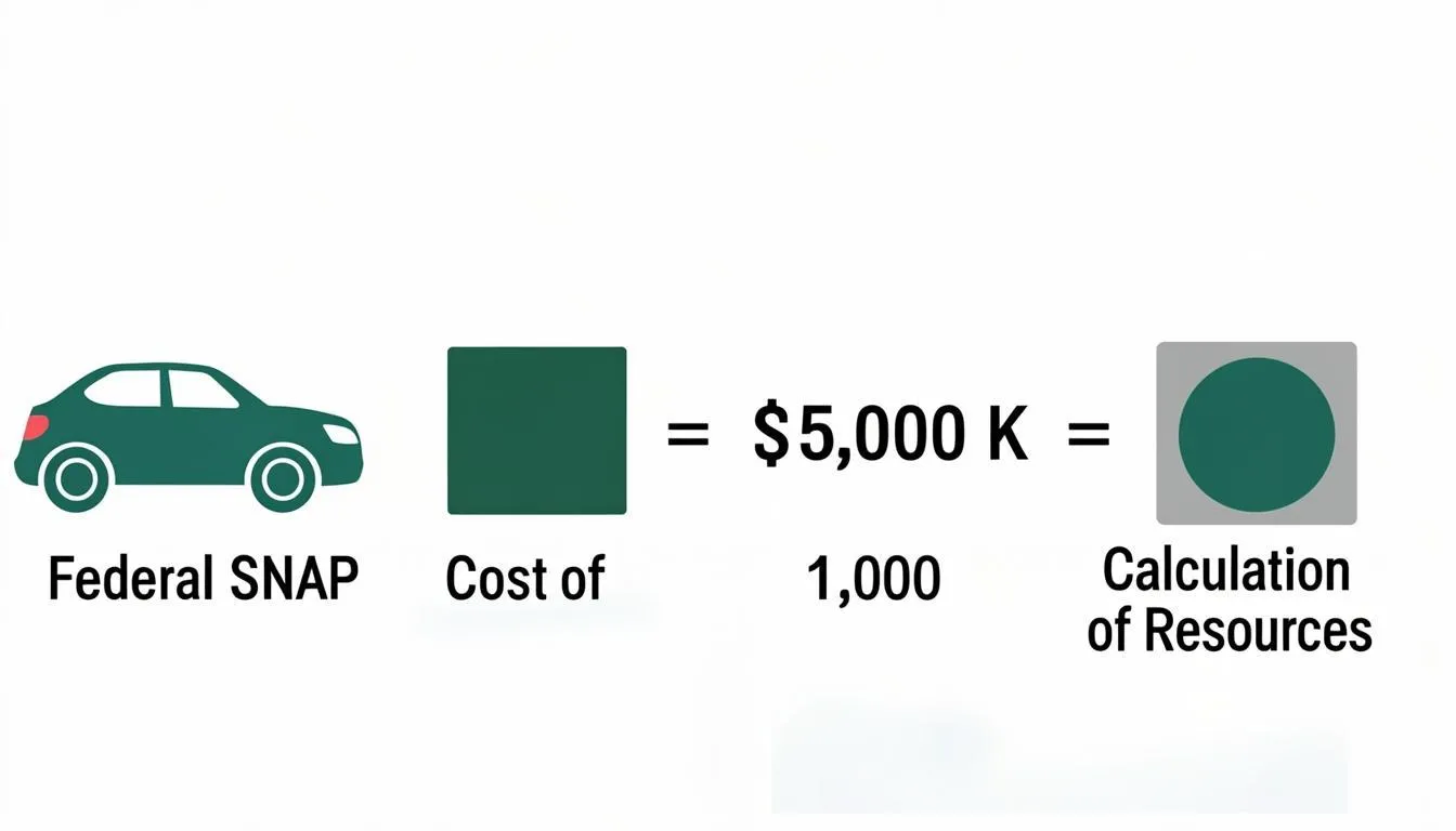Diagram showing the federal SNAP vehicle test: fair market value minus a $15,000 threshold equals countable resource amount, with a warning that most states do not use this test