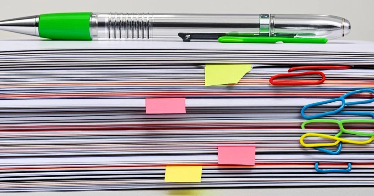 A tidy stack of paperwork with paperclips and labeled sticky notes arranged on a clean desk